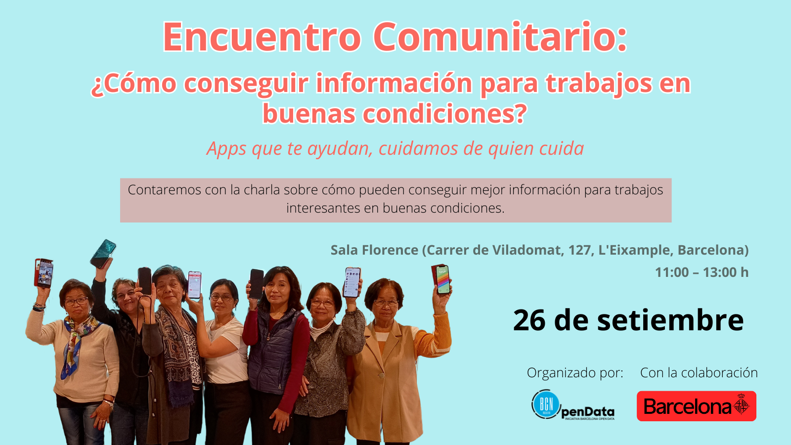 Encuentro comunitario iCuida: derechos laborales, recursos y aplicaciones digitales para cuidadoras